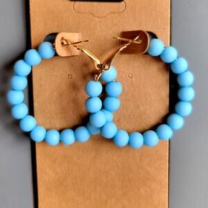 Blue Beaded Hoop Earrings Gold Tone Latch Back 1.5" NWT Boho Statement 1980's